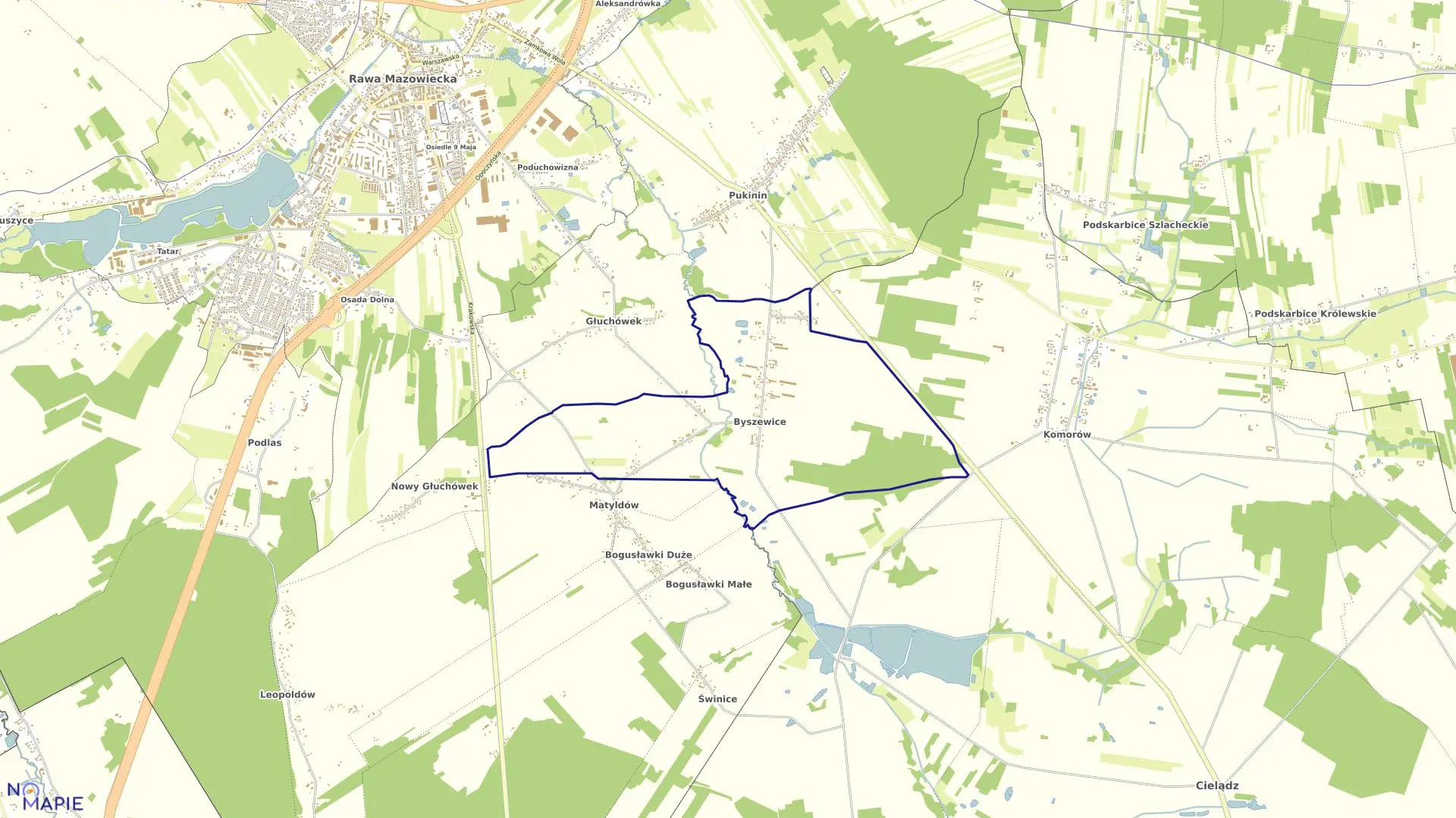 Mapa obrębu BYSZEWICE w gminie Rawa Mazowiecka