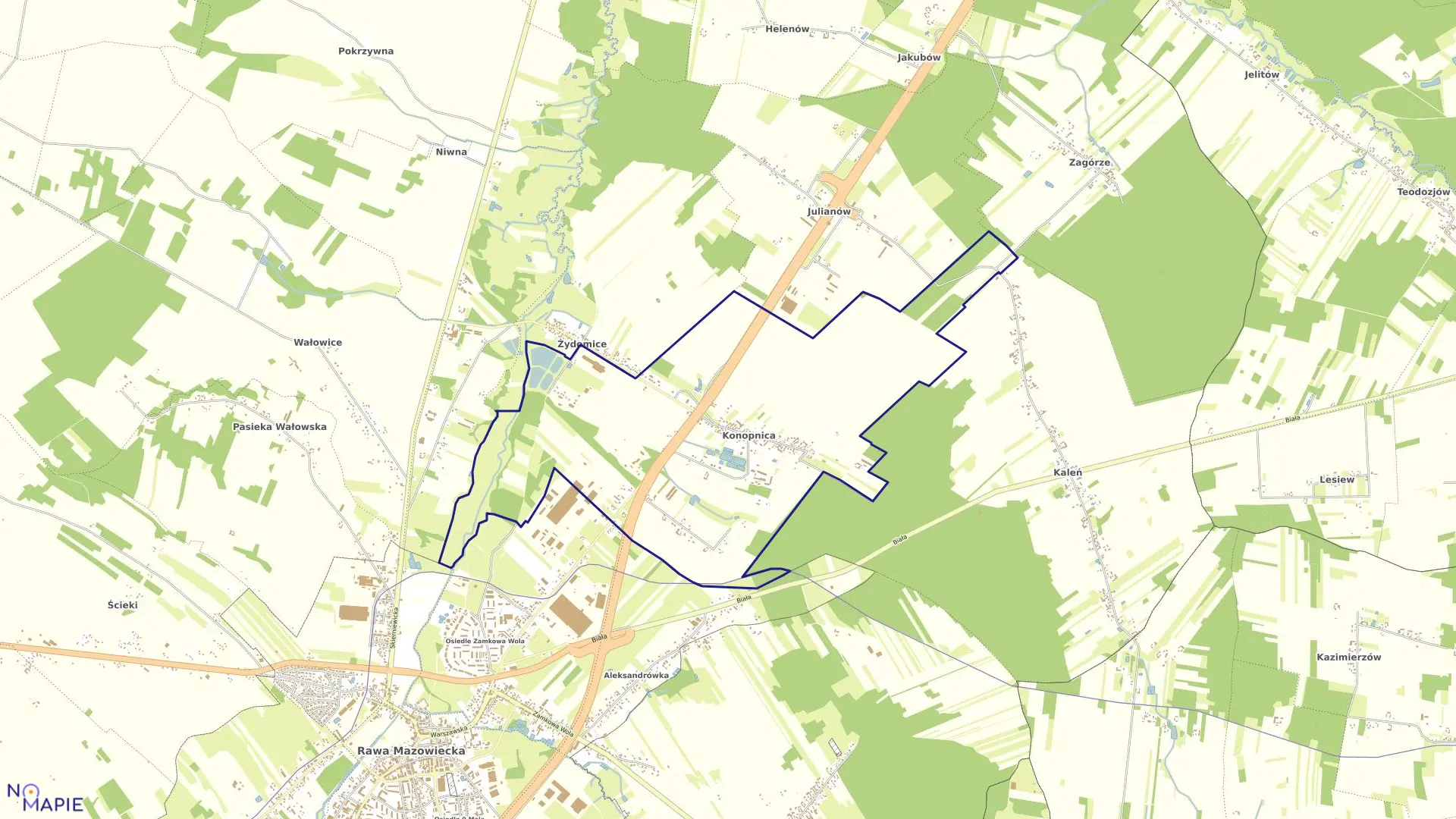 Mapa obrębu KONOPNICA w gminie Rawa Mazowiecka